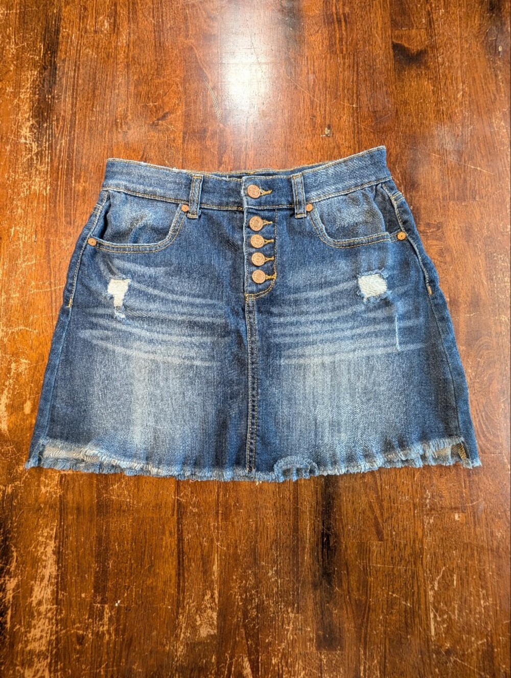 Indigo Rein Denim Mini Skirt Juniors Size 5/26 Medium Wash Distressed Buttons